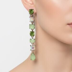 Green Rhinestone Drop Earrings Gold Tone Statement Long Linear